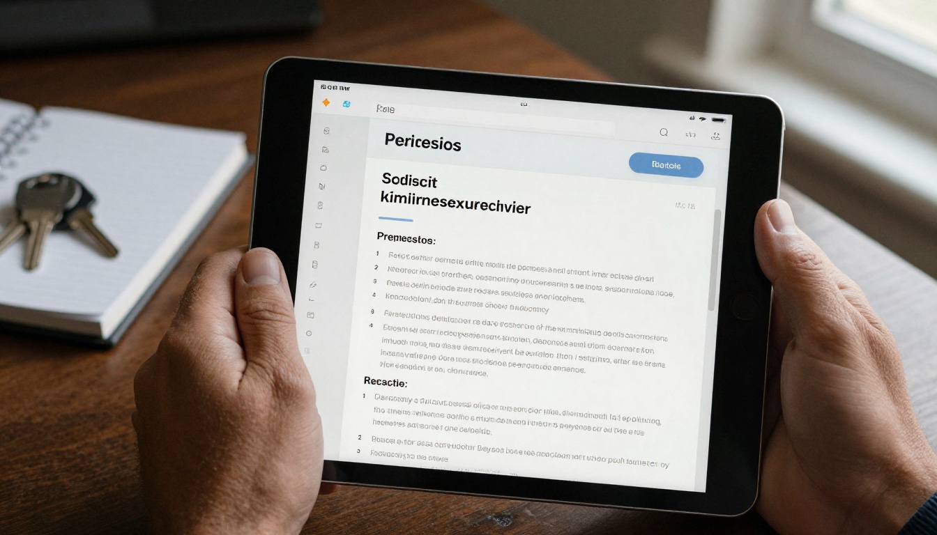 Property manager holding a tablet showing a digital brochure with services and fees