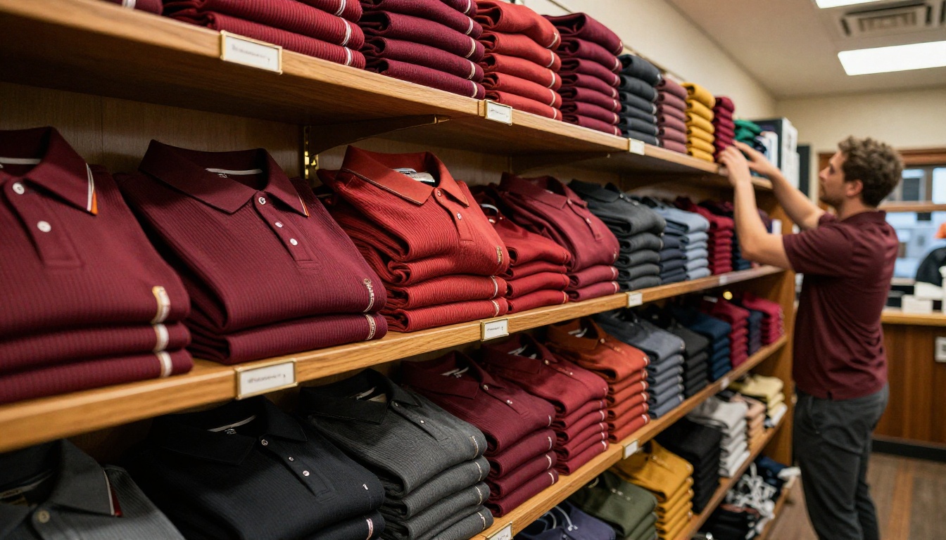 Low-angle view of a pro shop wall display of folded golf polos in fall colors Low-angle view of a pro shop wall display of folded golf polos in fall colors