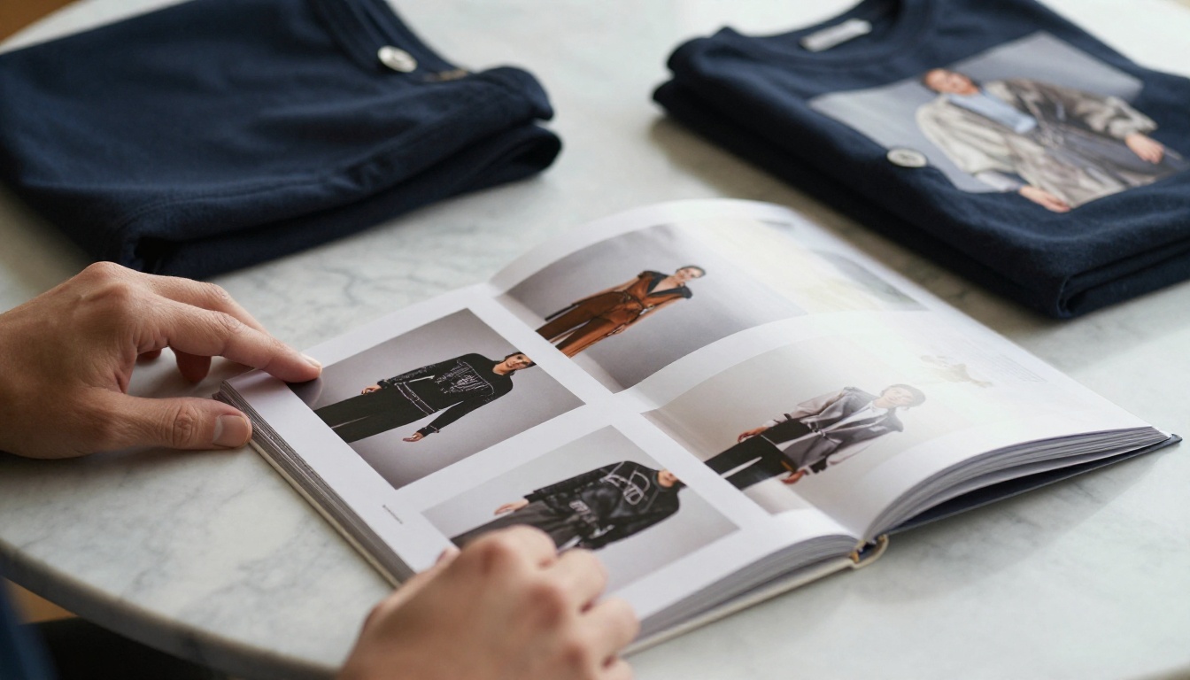 Printed lookbook pages being flipped on a marble table