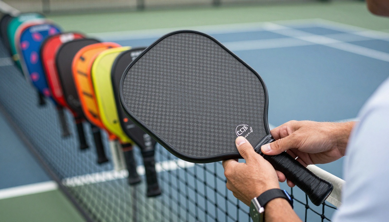 Coach holding a demo paddle beside a rack of demo paddles on an outdoor court Coach holding a demo paddle beside a rack of demo paddles on an outdoor court