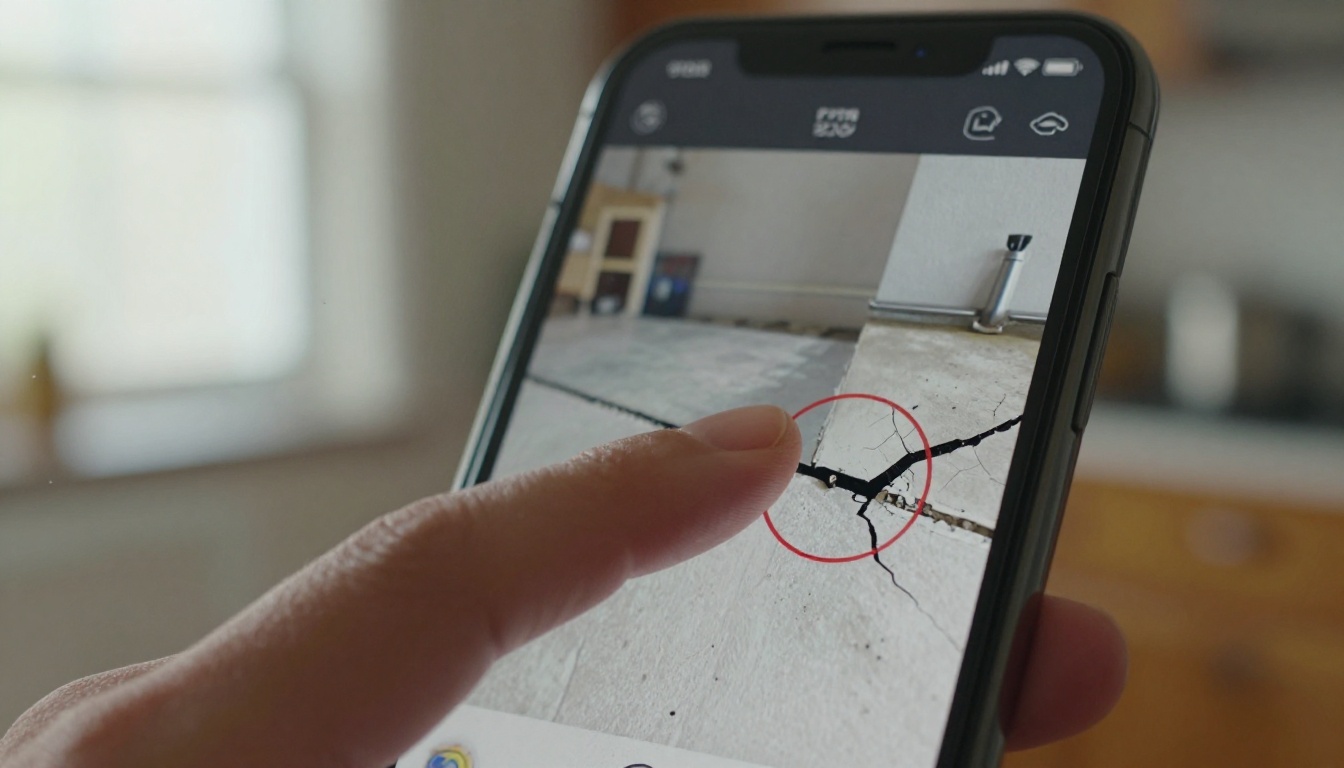 Thumb swiping through an inspection photo with a red circle markup Thumb swiping through an inspection photo with a red circle markup