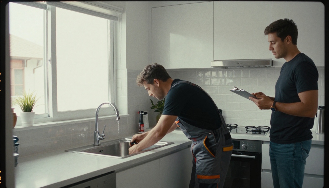 Maintenance technician fixing a sink while a property manager looks on