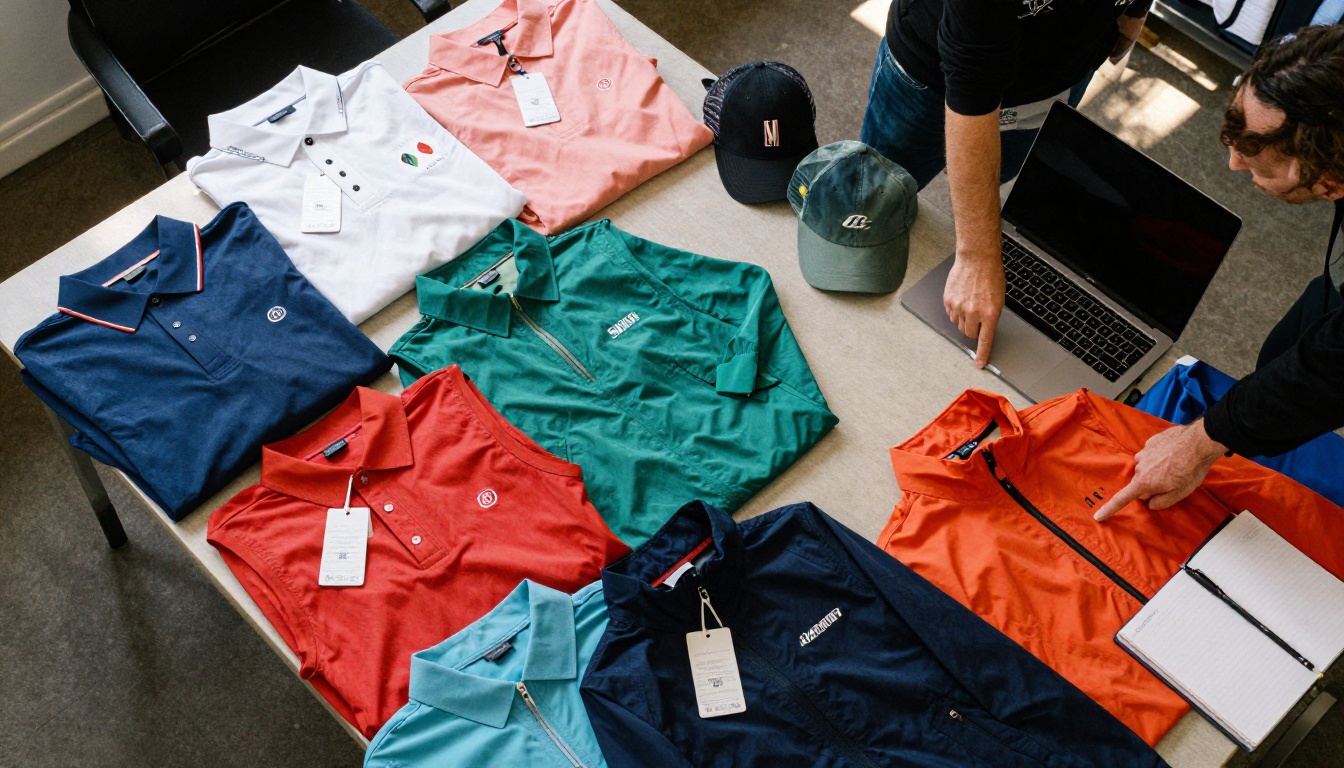 Overhead view of a table covered in golf apparel samples arranged by collection Overhead view of a table covered in golf apparel samples arranged by collection