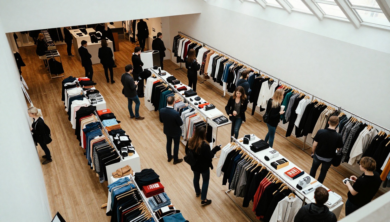 Aerial view of a busy showroom floor during market week