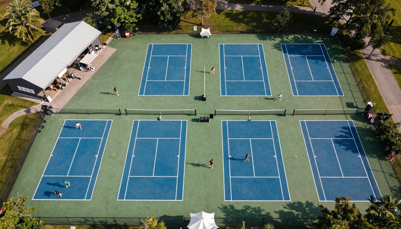 Aerial view of a pickleball facility with a small pro shop Aerial view of a pickleball facility with a small pro shop