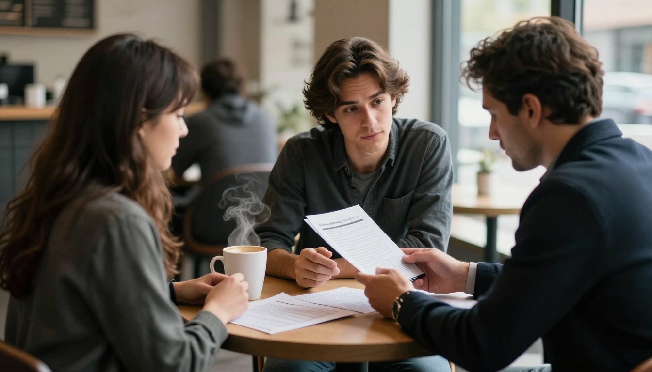 Real estate agent and buyers reviewing a report at a coffee shop Real estate agent and buyers reviewing a report at a coffee shop