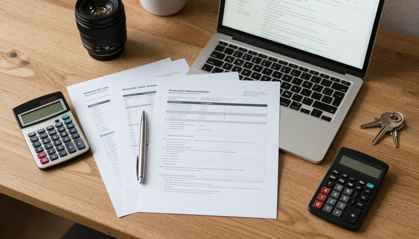 Flat-lay of a desk with a laptop, owner statements, calculator and pen