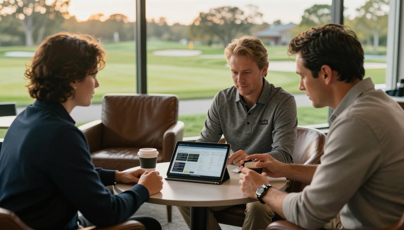 Golf brand representative and head pro reviewing a digital catalog on a tablet in a clubhouse lounge Golf brand representative and head pro reviewing a digital catalog on a tablet in a clubhouse lounge