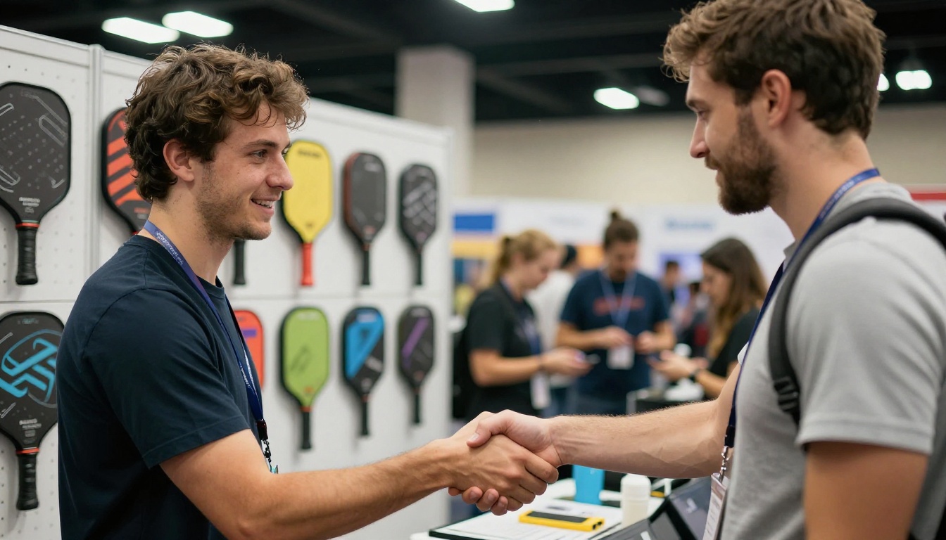 Brand owner shaking hands with a pro shop buyer at a trade show booth Brand owner shaking hands with a pro shop buyer at a trade show booth