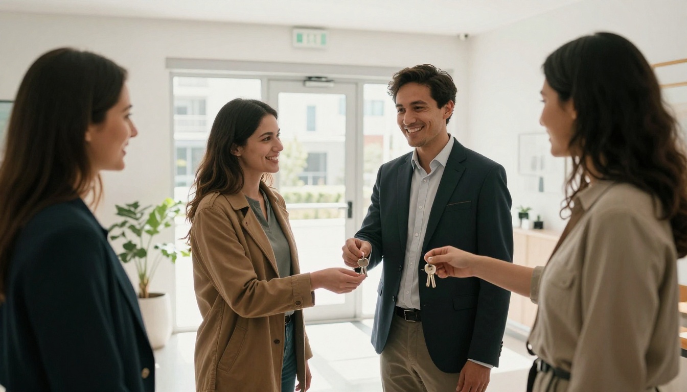 Property manager handing over apartment keys to smiling tenants in a bright lobby