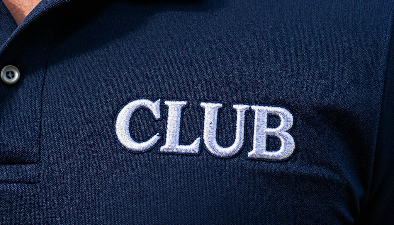 Macro detail of an embroidered logo on a navy performance golf polo Macro detail of an embroidered logo on a navy performance golf polo