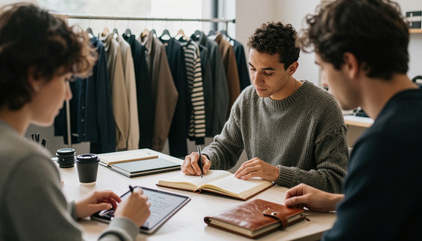 Two people at a showroom table reviewing a lookbook on a tablet