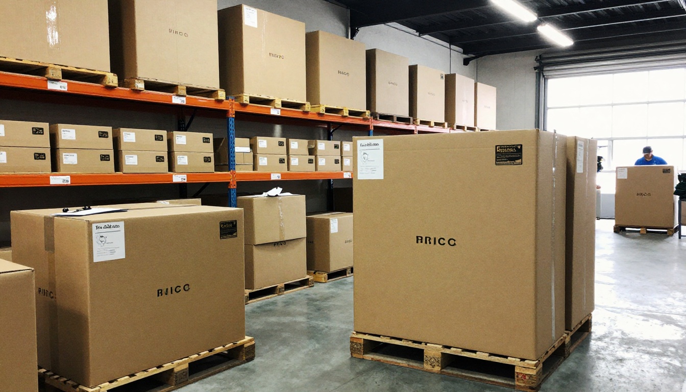 Warehouse packing area where staff pack golf apparel for pro shop deliveries Warehouse packing area where staff pack golf apparel for pro shop deliveries