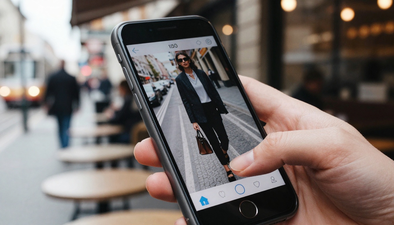 Smartphone showing a fashion lookbook in a street cafe