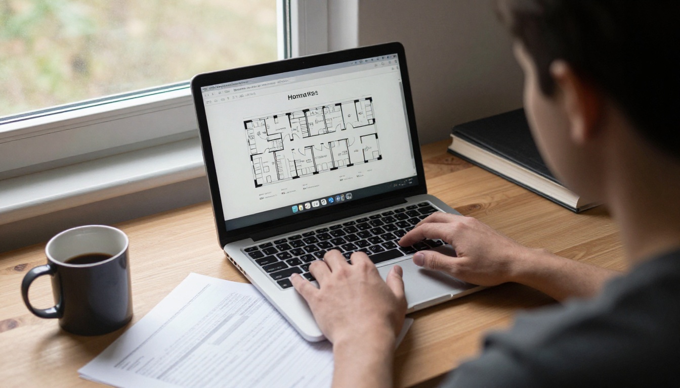 Inspector writing report notes on a laptop at a home office desk Inspector writing report notes on a laptop at a home office desk
