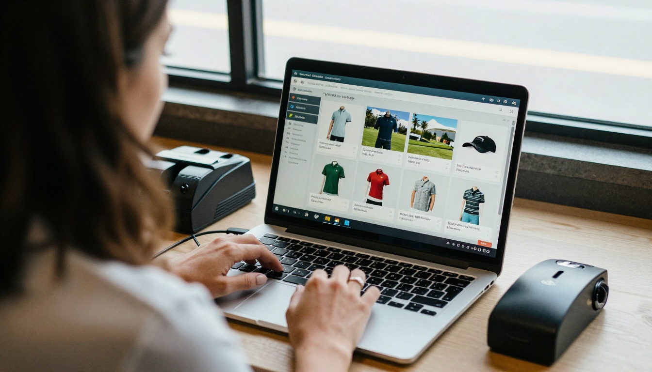 Pro shop buyer scrolling a digital flipbook catalog of golf apparel on a laptop at the counter Pro shop buyer scrolling a digital flipbook catalog of golf apparel on a laptop at the counter