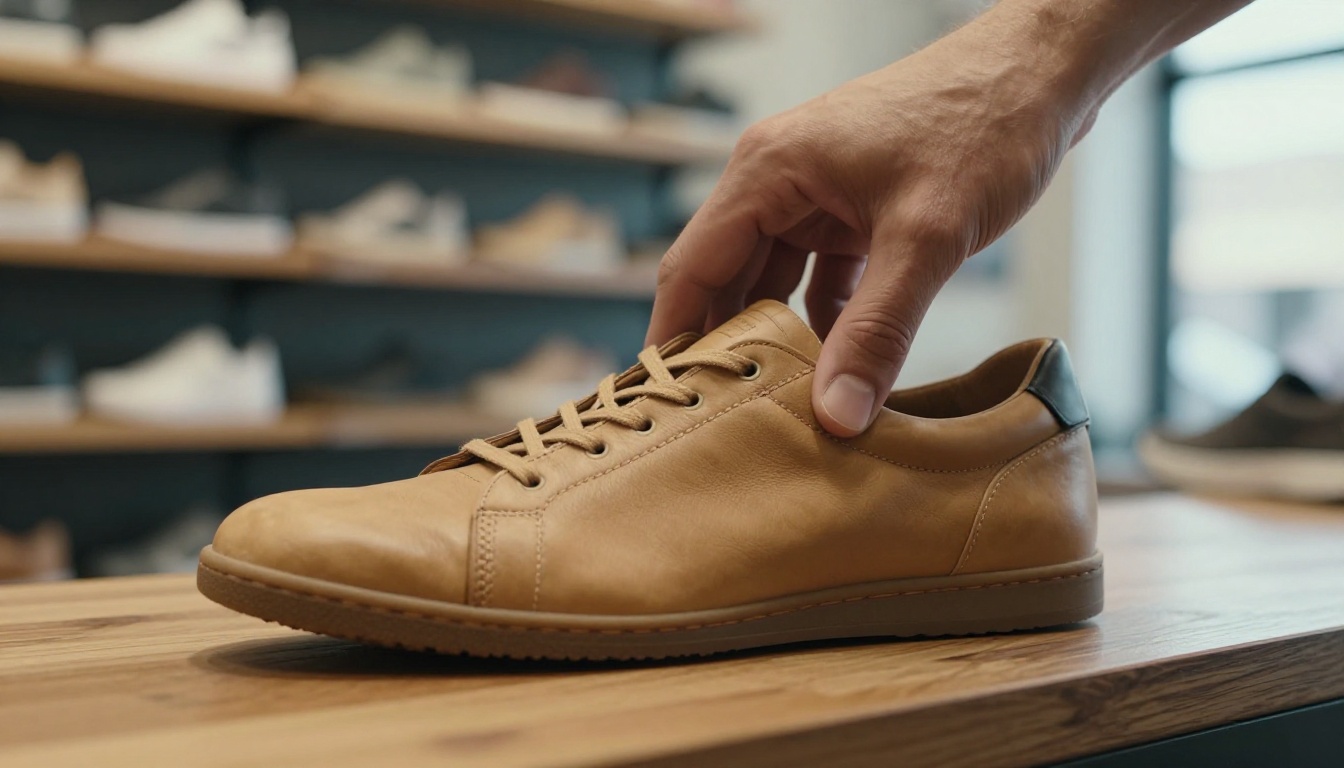 Hand pressing the toe box of a tan leather sneaker sample on a wooden counter