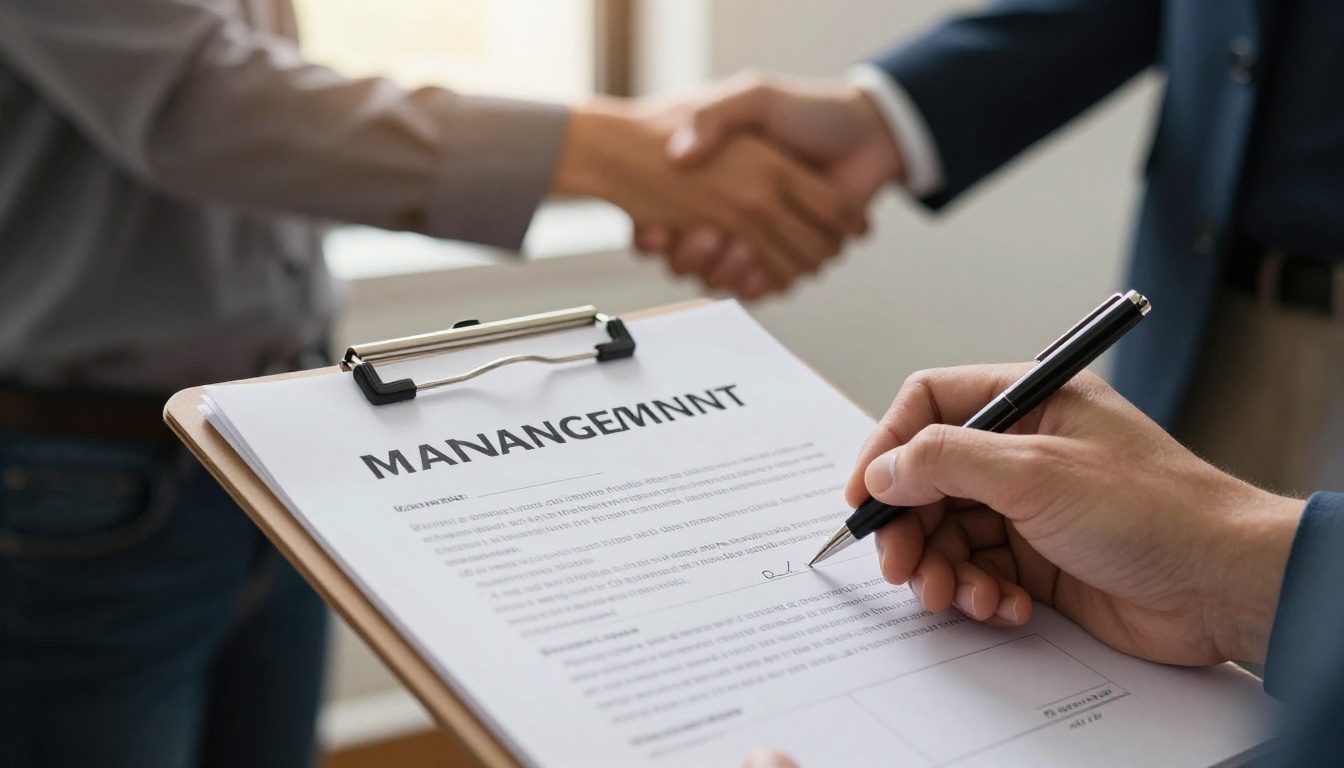 Owner signing a management agreement on a clipboard