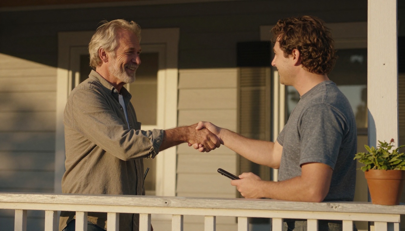 Home inspector shaking hands with a buyer on a front porch Home inspector shaking hands with a buyer on a front porch