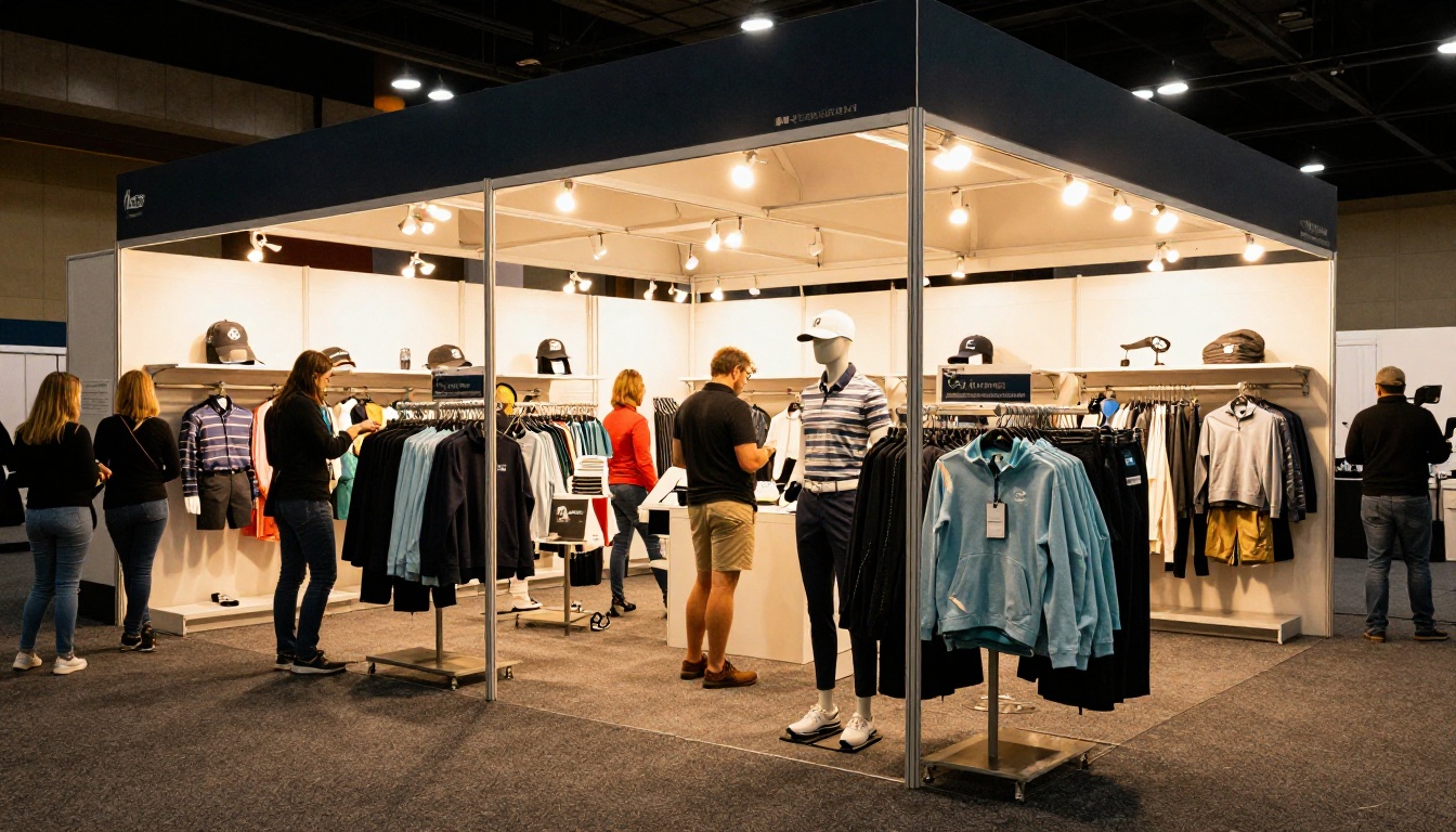 Golf apparel trade show booth with mannequins and racks of the spring collection Golf apparel trade show booth with mannequins and racks of the spring collection