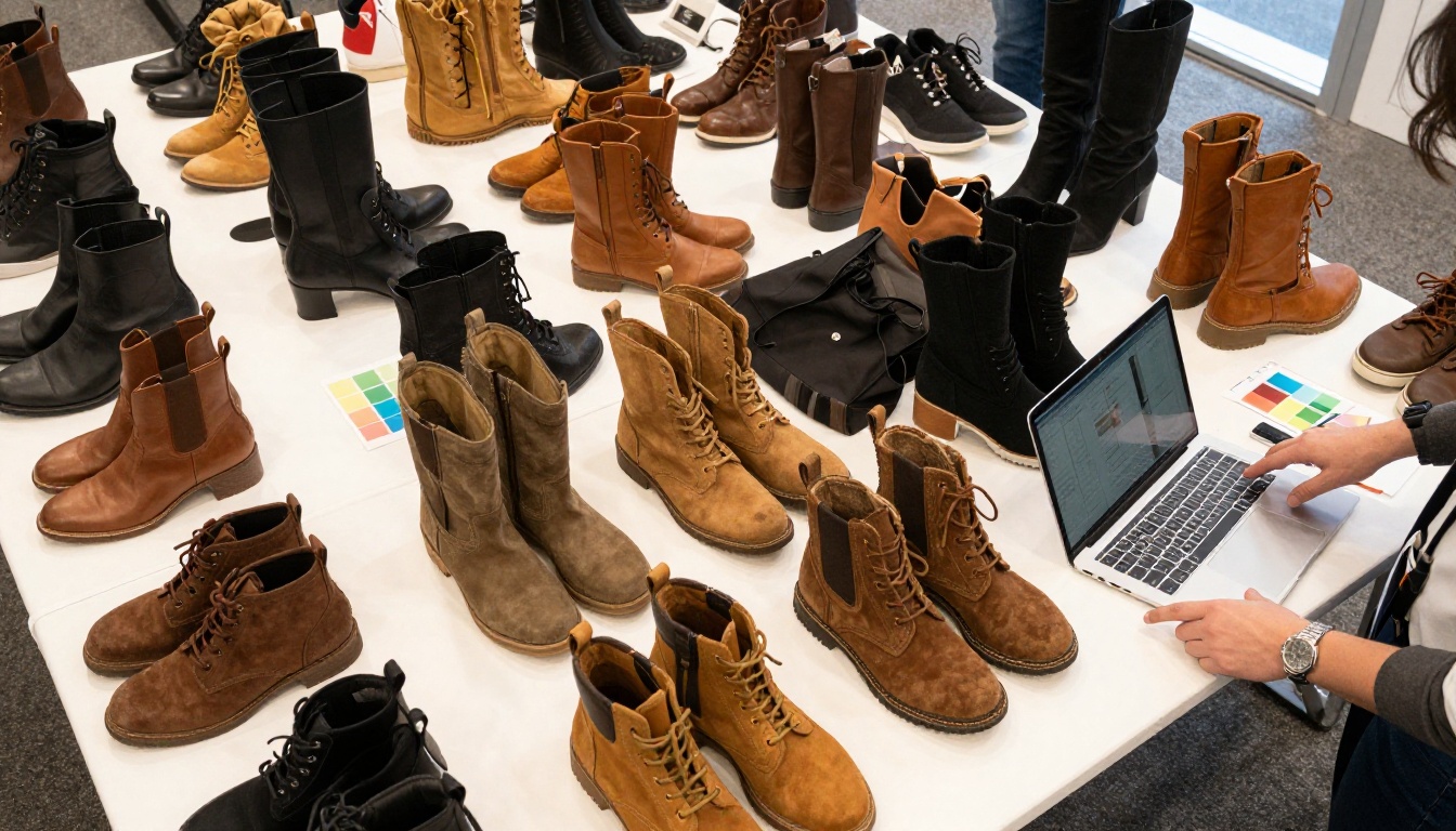 Top-down view of a trade show table covered with seasonal boots and sneakers