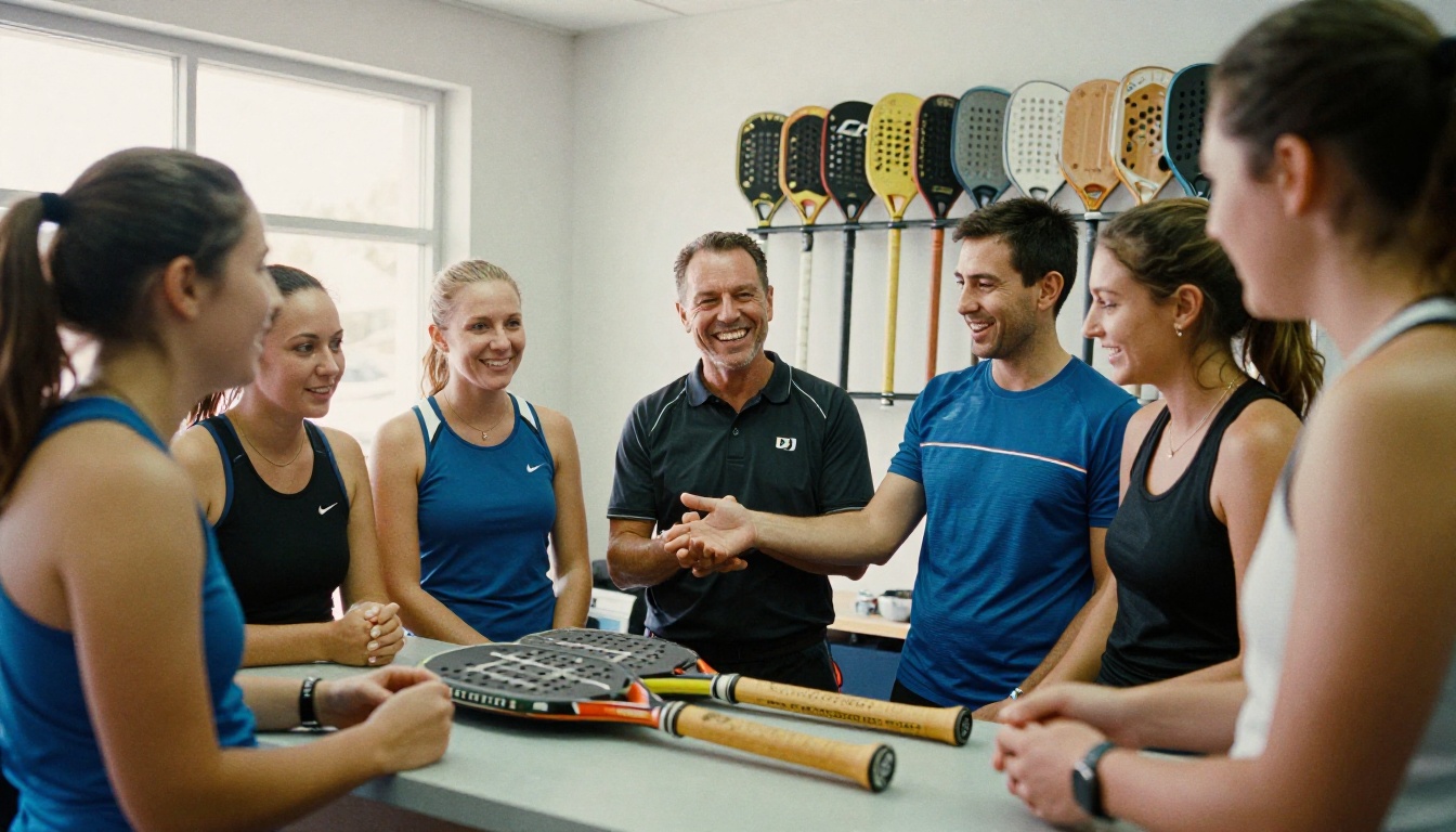 Club members testing paddles at the pro shop counter Club members testing paddles at the pro shop counter