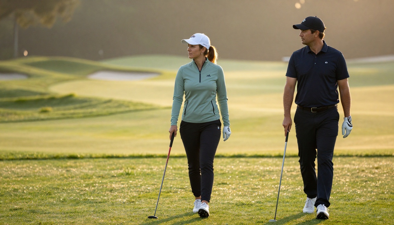 Golfers on a fairway at sunrise wearing the new seasonal collection Golfers on a fairway at sunrise wearing the new seasonal collection