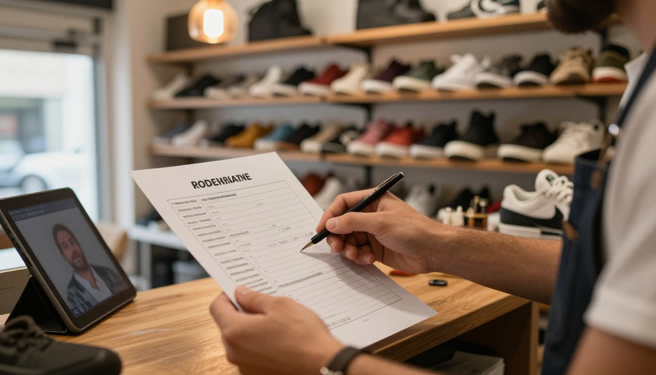 Shoe store owner reviewing a printed line sheet and tablet with a sales rep