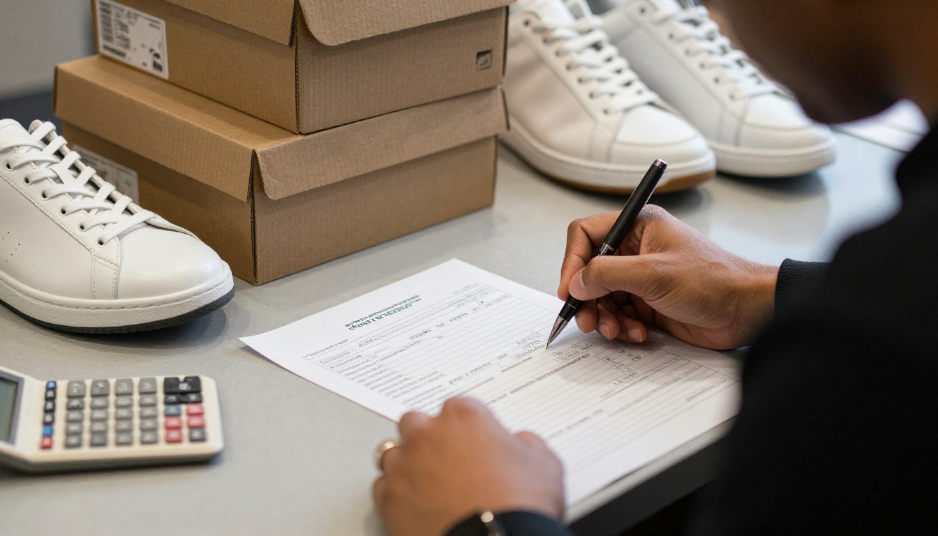 Shop buyer filling out a paper order form next to a white leather sneaker
