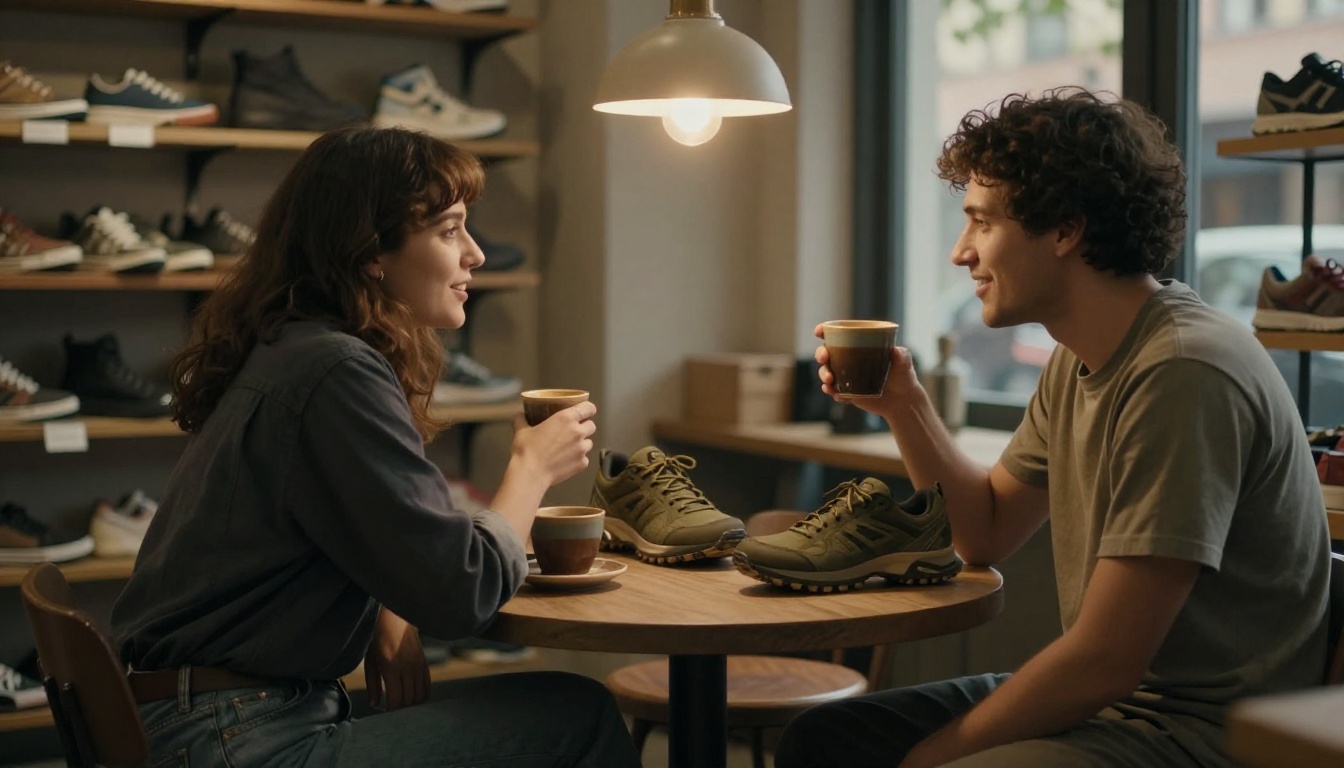 Two people discussing a sample sneaker over coffee in the back of a shoe store