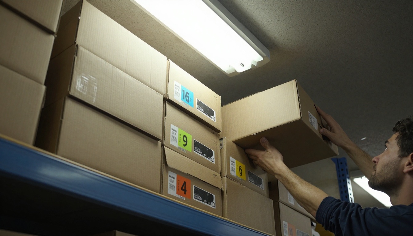 Stockroom shelves with stacked shoe boxes and a worker pulling one box