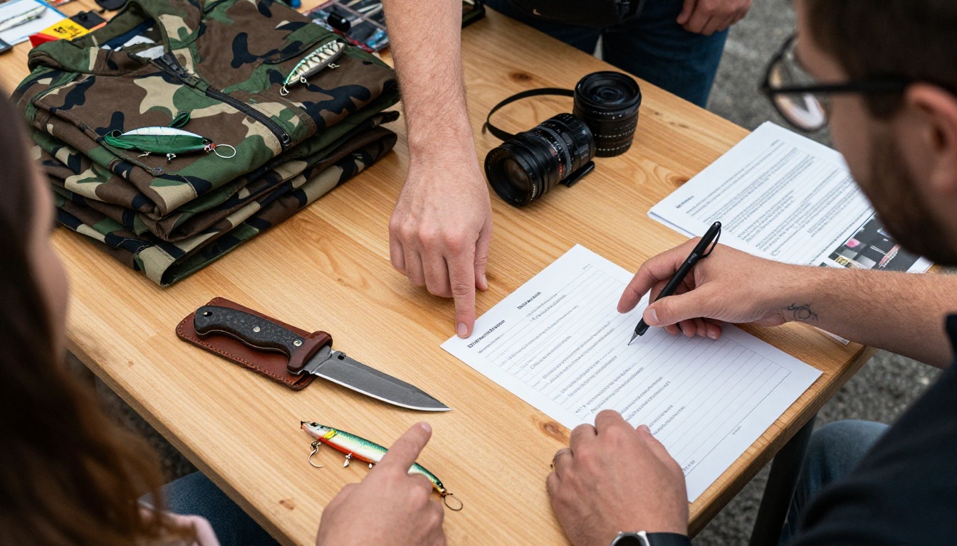 Aerial view of a trade show table with lures, camouflage jackets and a printed line sheet