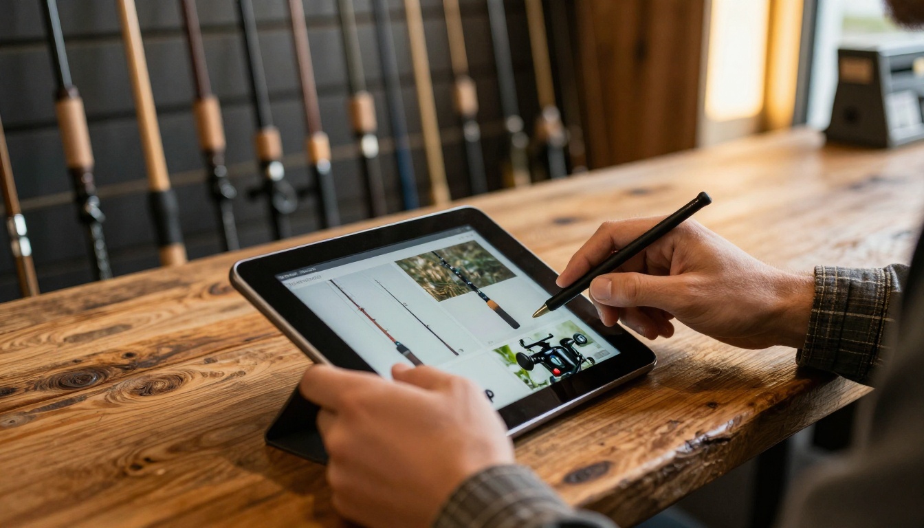 Buyer swiping through a digital product catalog on a tablet at a gear shop counter