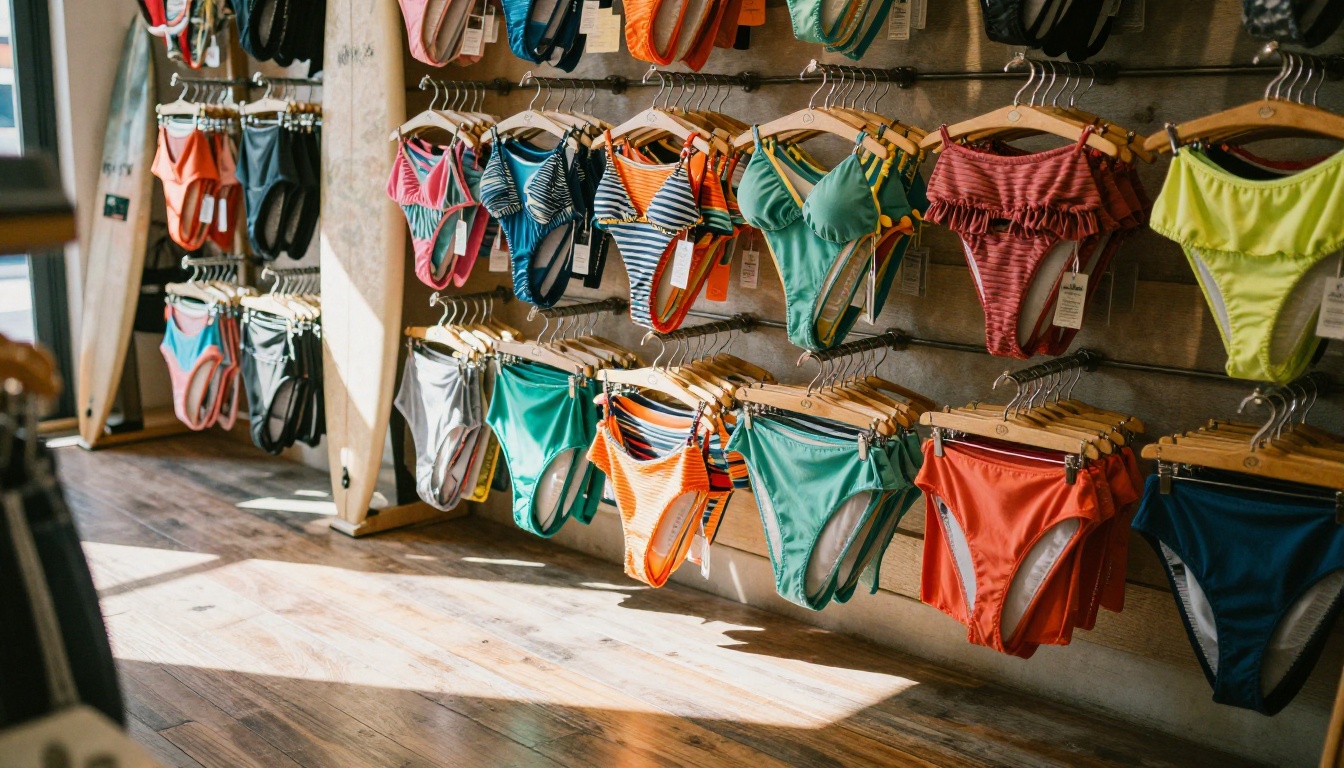 Swimwear sample rack inside a surf shop
