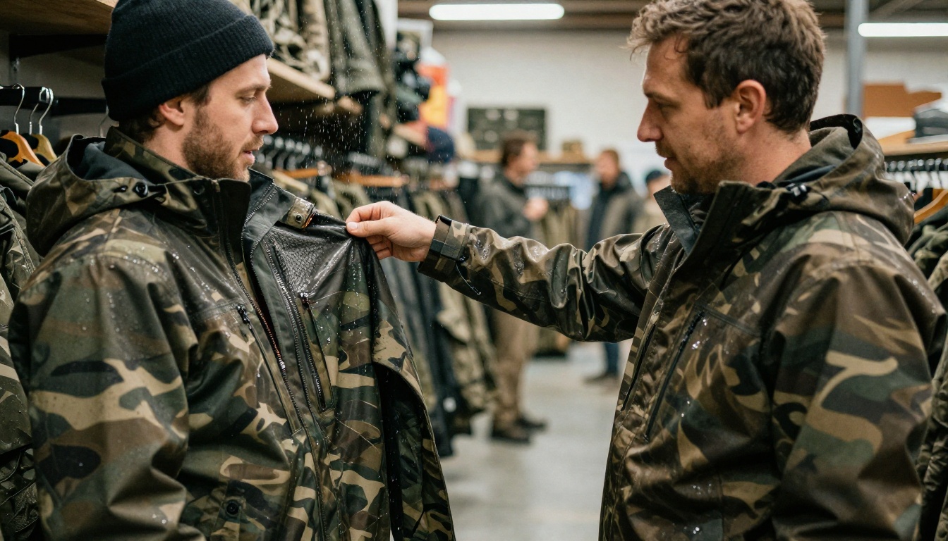 Rep demonstrating a camouflage waterproof jacket to two retail buyers