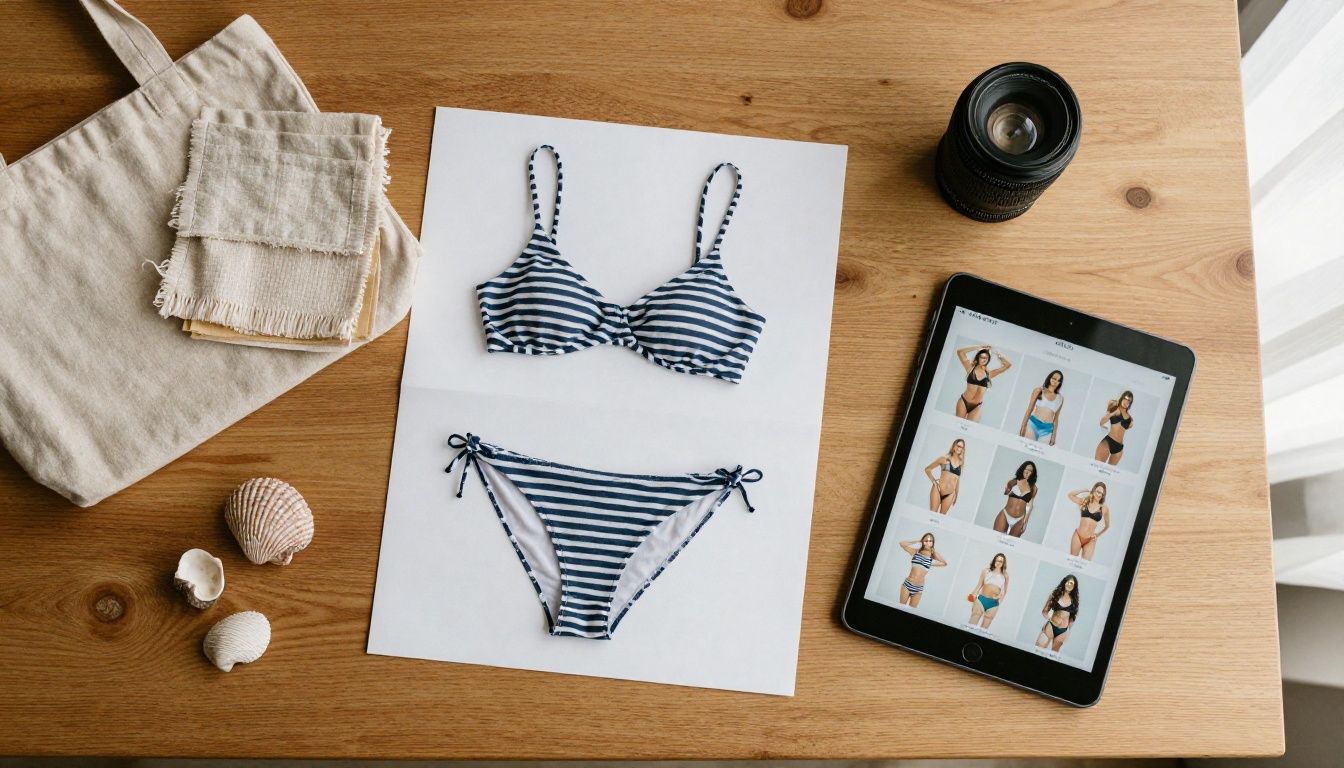 Overhead view of a swimwear lookbook and fabric swatches