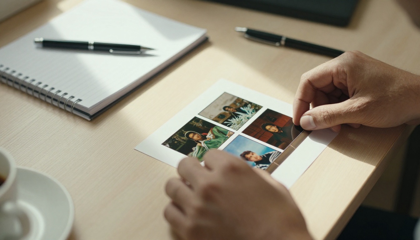 Founder arranging printed slide pages on a wooden desk
