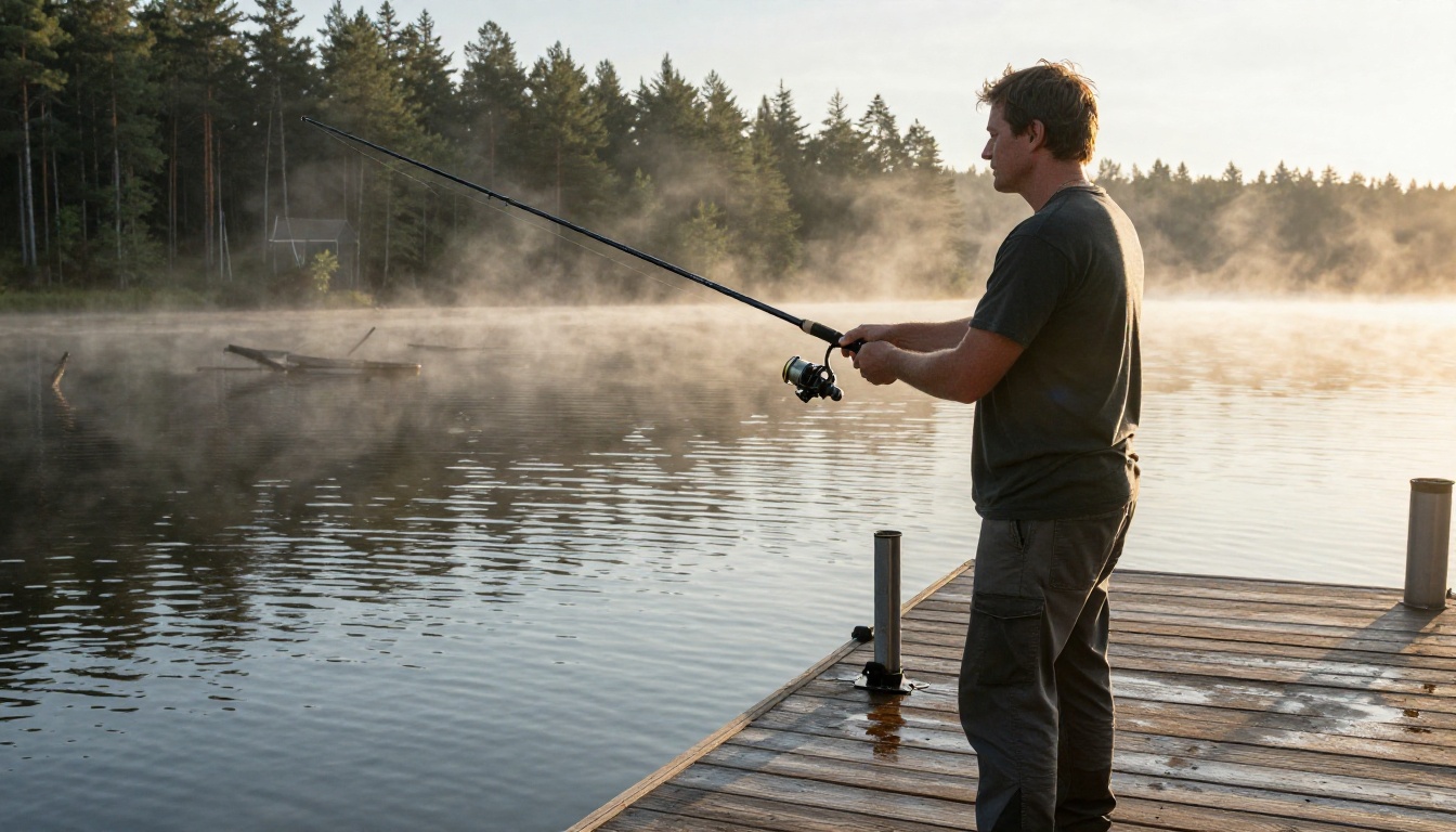 Fishing brand owner testing a new spinning rod at a lakeside dock with a retailer