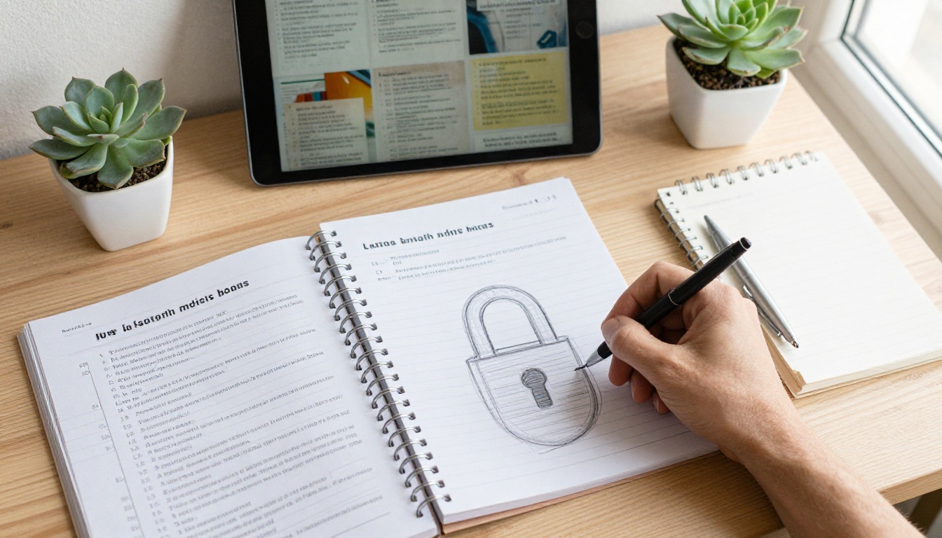 Aerial view of a desk with printed lesson workbooks and a tablet showing a protected booklet Aerial view of a desk with printed lesson workbooks and a tablet showing a protected booklet
