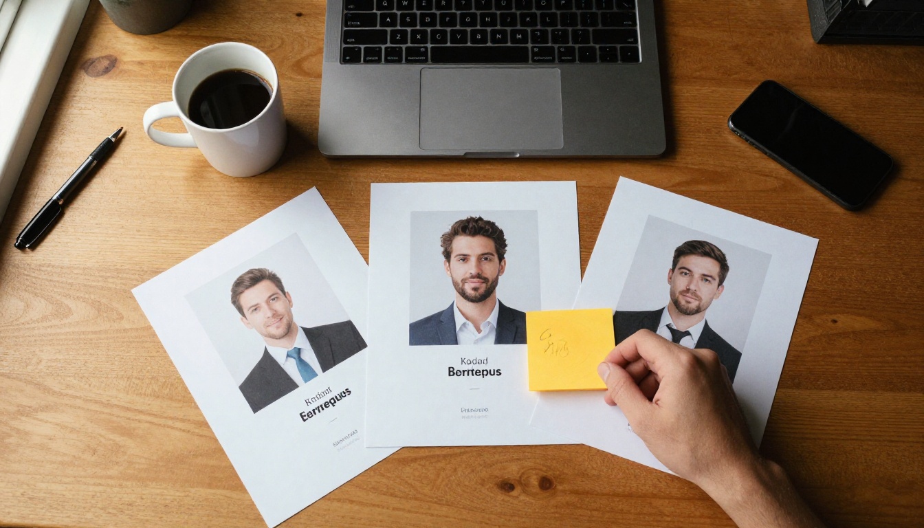 Recruiter's desk with three printed candidate profiles fanned out beside a laptop