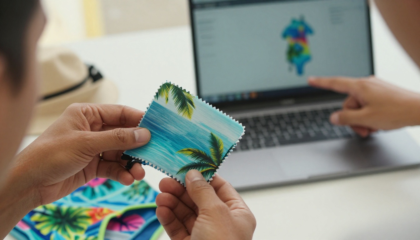 Hands holding a recycled nylon swimwear fabric swatch