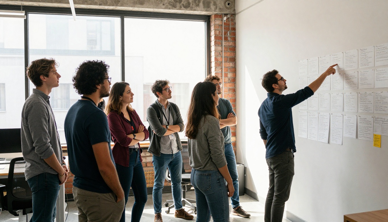 Team standing in a sunlit office listening to a manager near a wall of cards