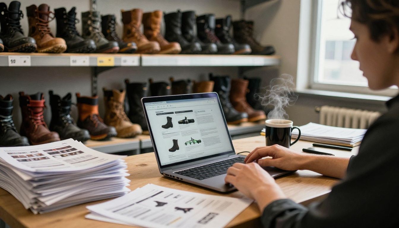 Buyer comparing a flipbook line sheet on a laptop beside printed catalogs