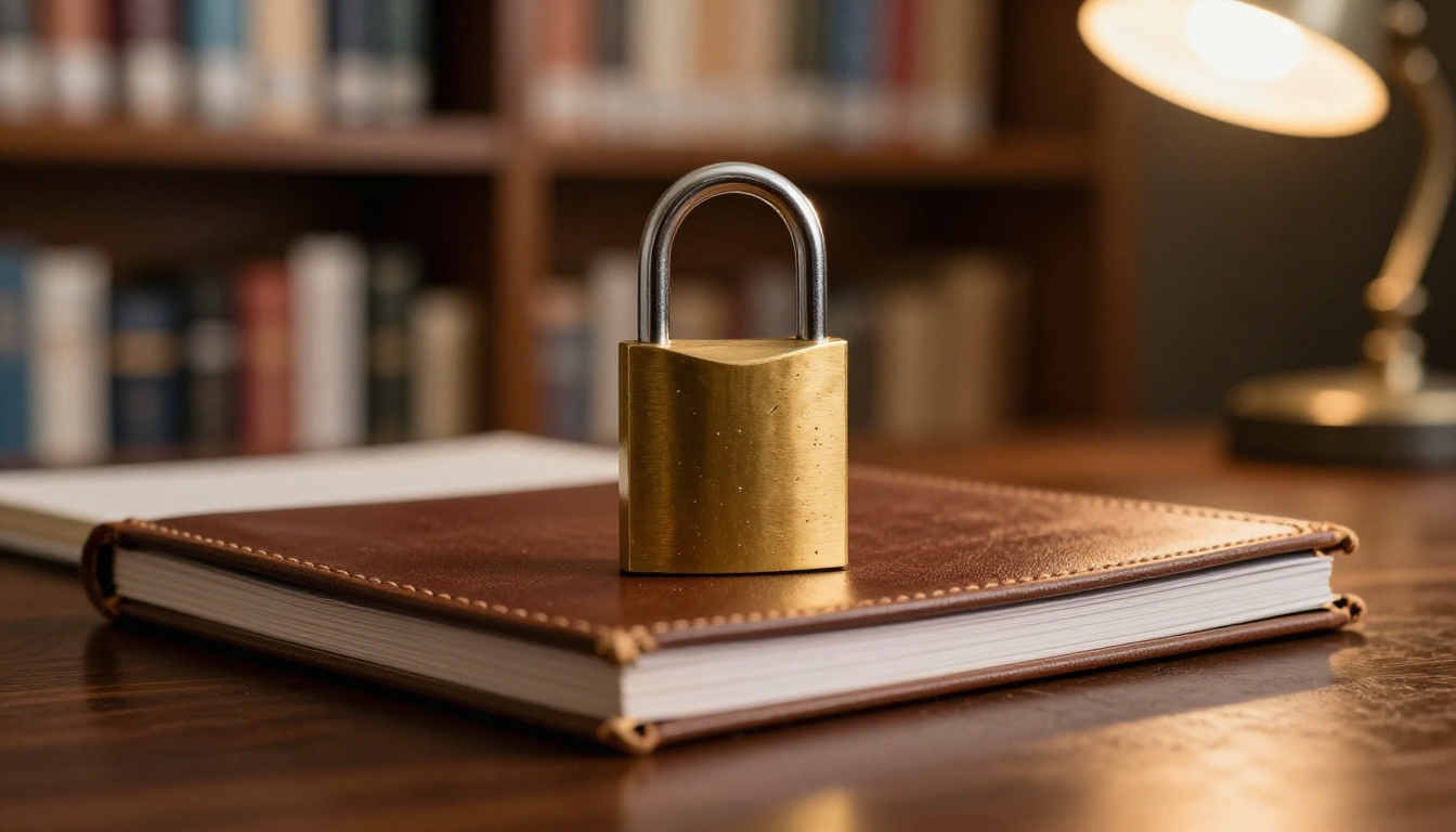 Close-up of a brass padlock on a closed hardcover course binder Close-up of a brass padlock on a closed hardcover course binder
