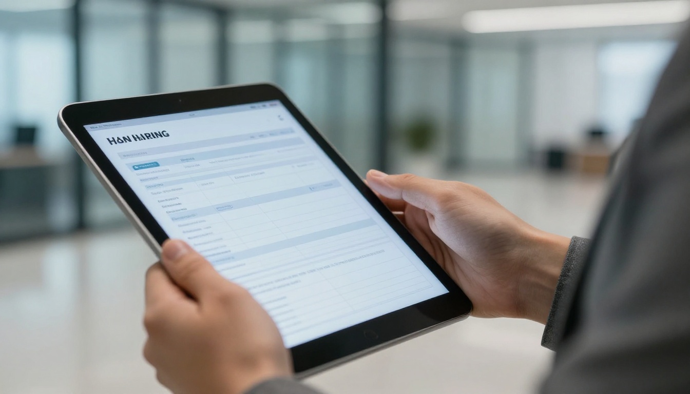 Hiring manager holding a tablet that displays a multi page candidate pack