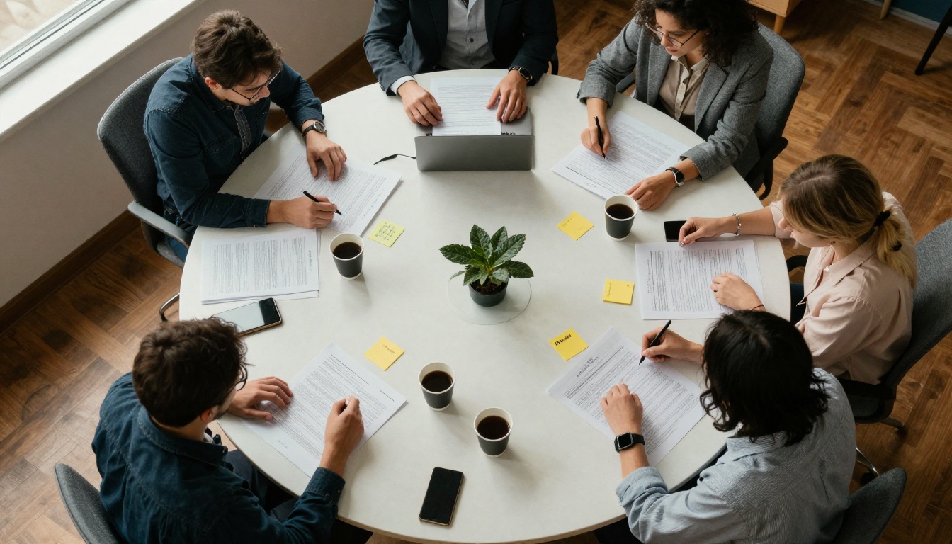 Overhead view of a round table with people reviewing printed pages