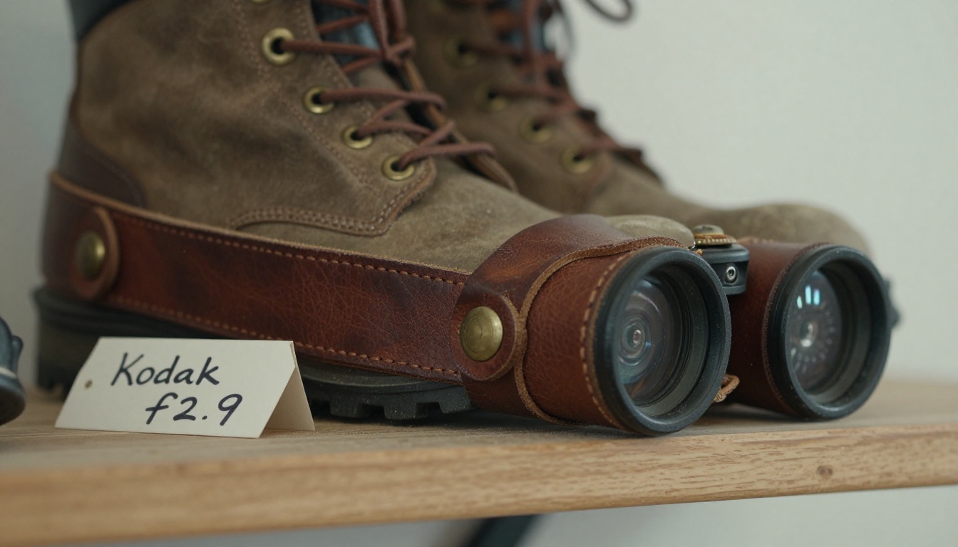 Boot and binocular harness displayed on a pine shelf with a handwritten tag