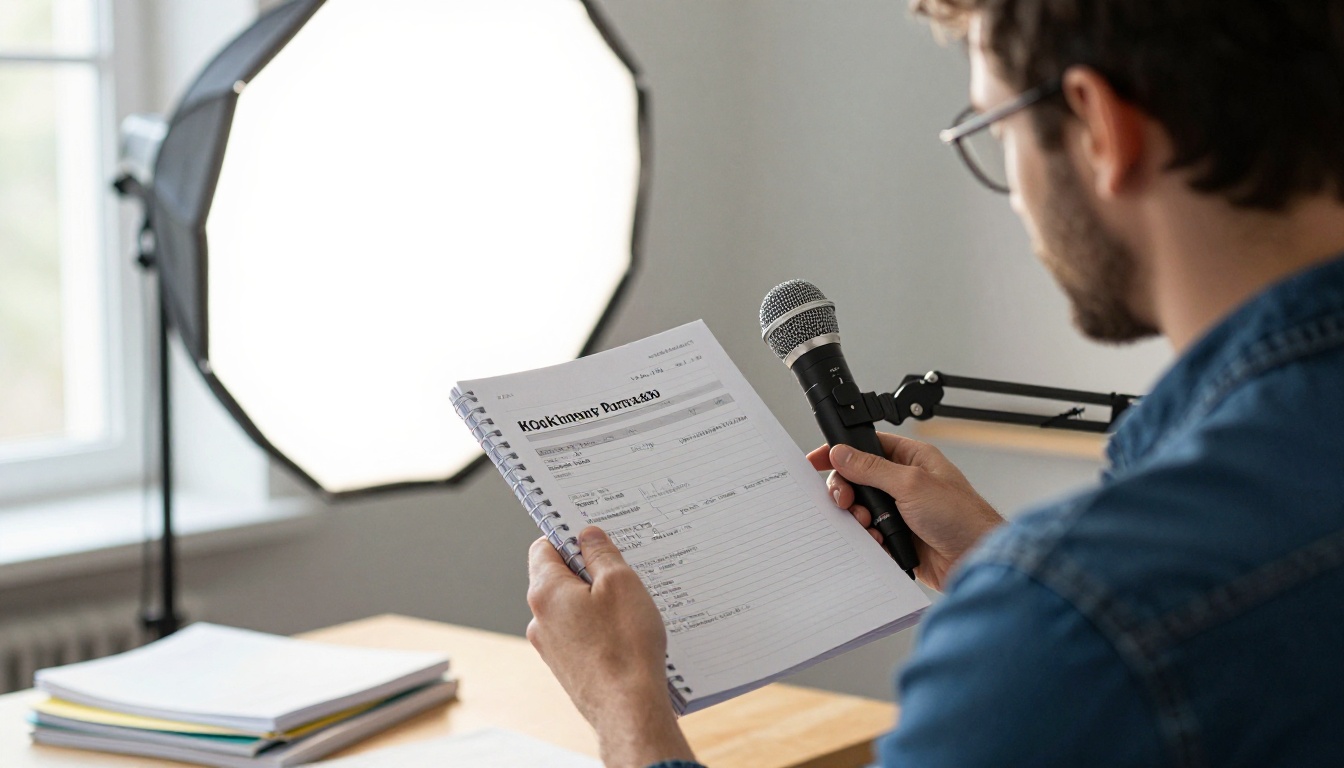 Over-the-shoulder view of an instructor recording a lesson beside a printed workbook Over-the-shoulder view of an instructor recording a lesson beside a printed workbook
