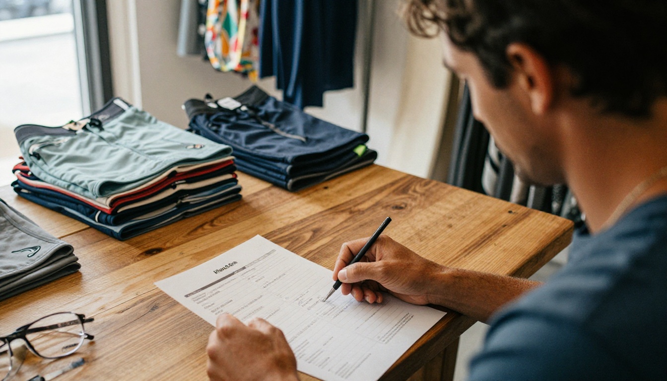 Surf shop owner and sales rep reviewing an order sheet