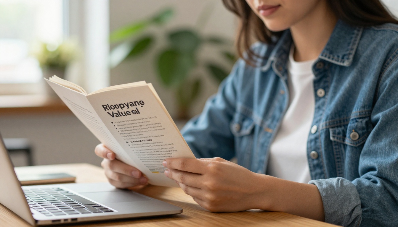 Young woman reading a printed values booklet at a desk